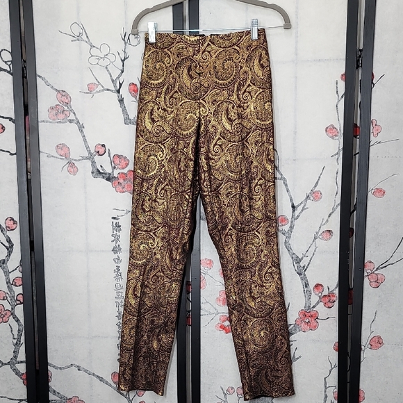 Alice + Olivia Metallic Gold and Burgundy Paisley Straight-leg Pants Size 6 - Picture 2 of 10